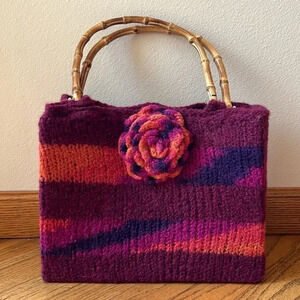 Hand knitted purse with bamboo handles boho purple pink orange flower both sides